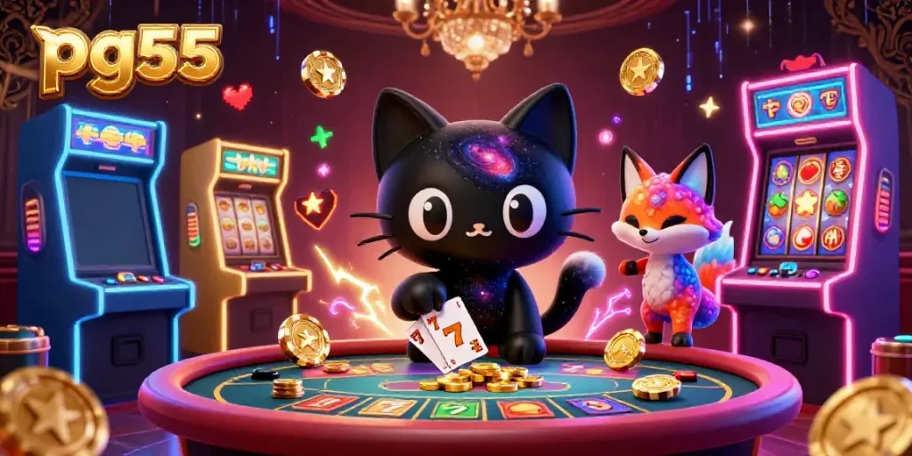 Spin and win with pg55 at the cosmic casino featuring animated characters and vibrant slot machines.