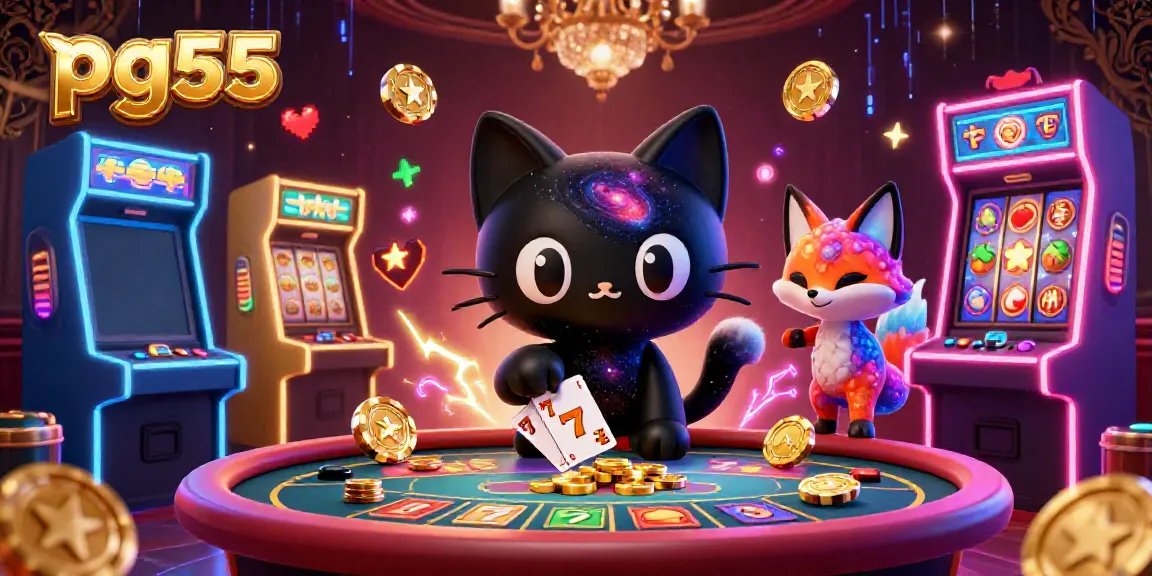 Spin and win with pg55 at the cosmic casino featuring animated characters and vibrant slot machines.