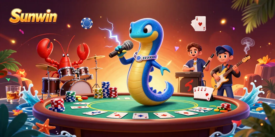 Sunwin players enjoying a vibrant underwater casino atmosphere with electric eel DJ and exciting poker action.