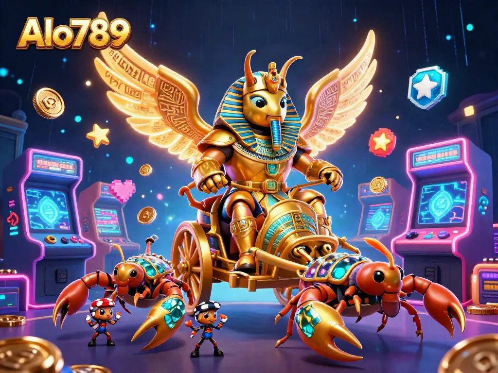 Alo789 showcases an exciting gambling experience with a golden scarab beetle chariot, jewel-encrusted scorpions, and tiny ants carrying poker chips amidst colorful gaming elements.