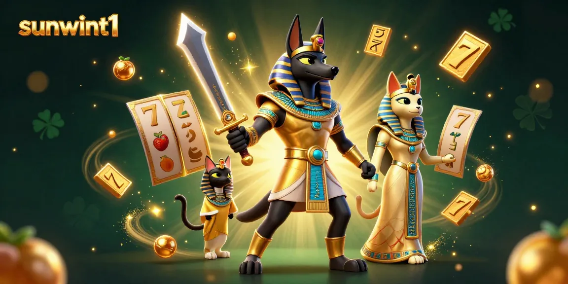 Experience thrilling jackpots with sunwint1 - a vibrant illustration of Anubis and Bastet amidst slot reels.