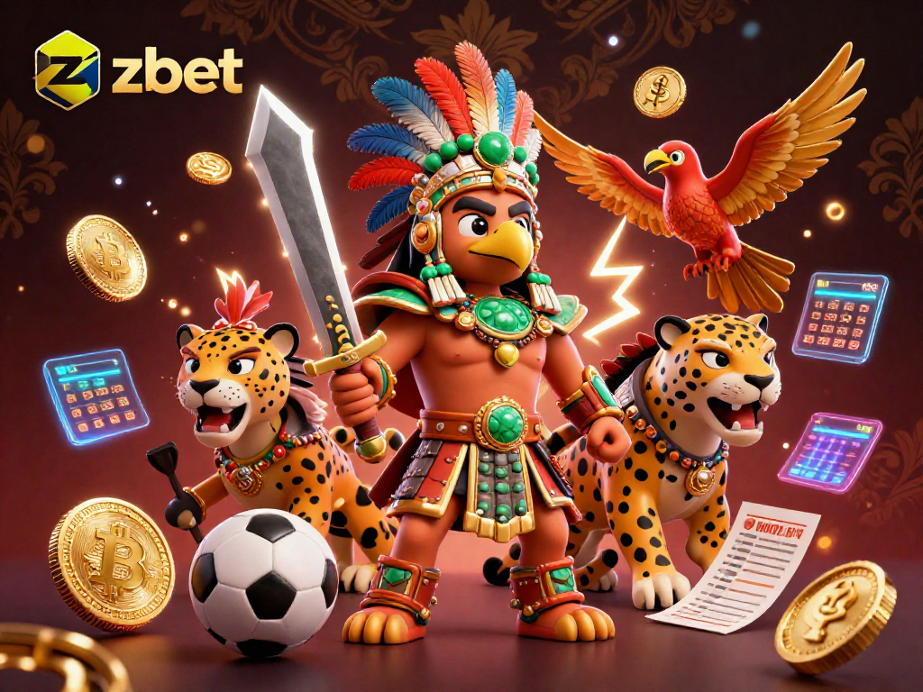 Engage in thrilling sports betting with zbet amidst vibrant characters and glowing crypto elements.