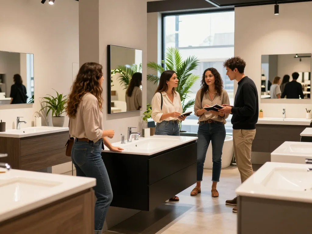 Verken stijlvolle badkamermeubels outlet met diverse klanten in een moderne showroom.