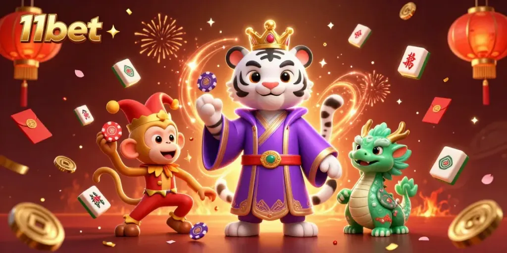 11bet showcases a luxurious gameplay atmosphere with a tiger, monkey, and dragon in an engaging casino setting.