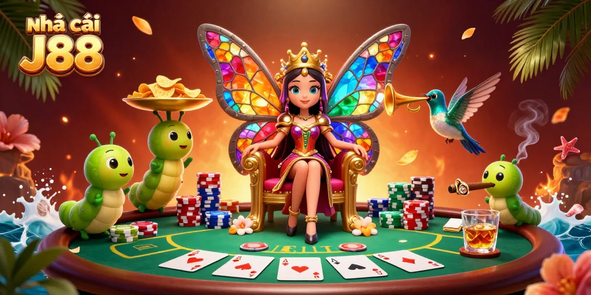 Experience thrilling action at Nhà cái J88 with a vibrant casino scene featuring a whimsical butterfly queen.