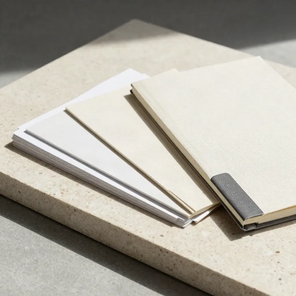 Bovenaanzicht van landingspagina-vormen in travertin, met notebook en witte accentstrip.