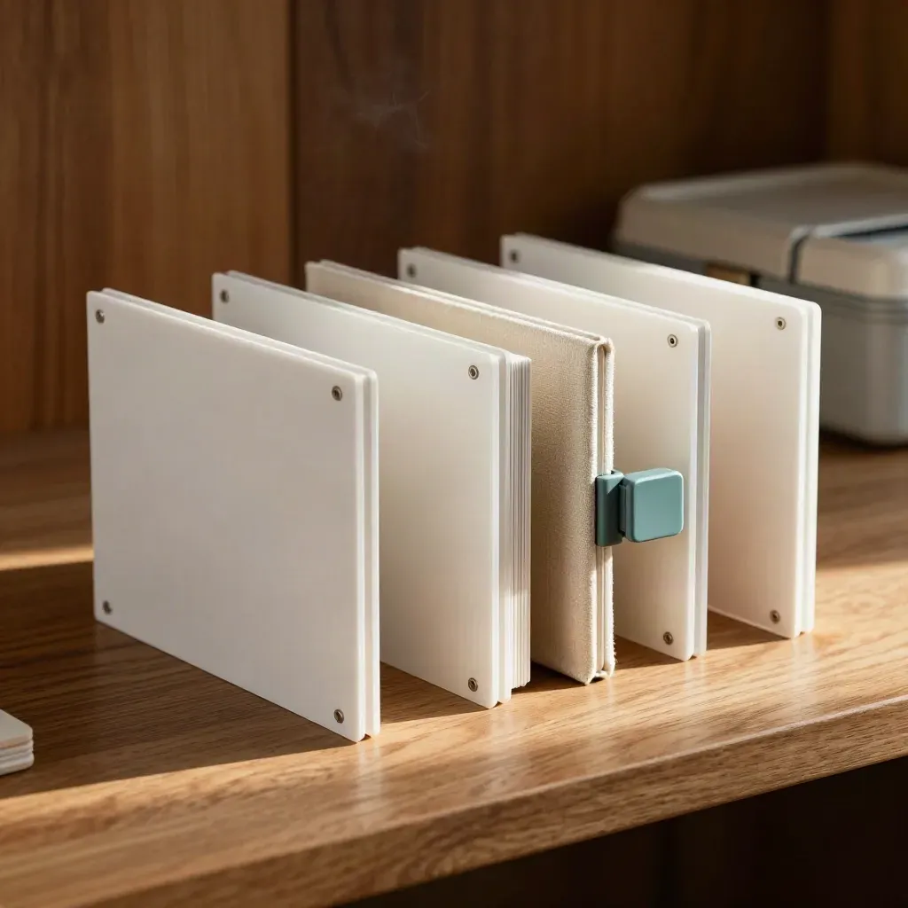 Witte WordPress-modules en onderhoudsbox op warme werkbank in zacht licht.