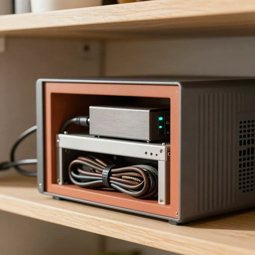 UPS-box, reservekabels en back-upschijf in een stille servernis, warm en strak belicht.