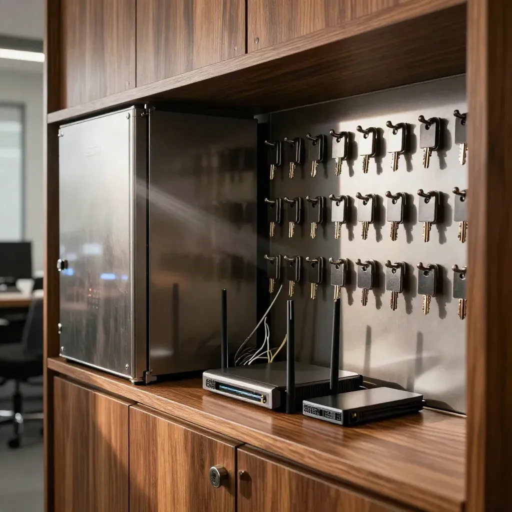Serverkast en sleutelwand in een stil makelaarskantoor met warme, dramatische verlichting