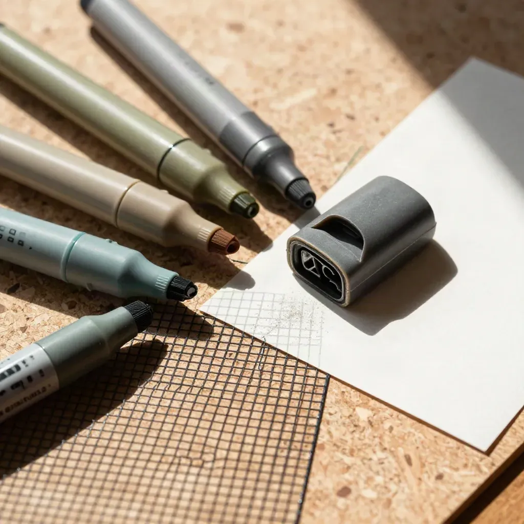 Bovenaanzicht van SEO-tools met markeerstiften, paperweight en leeg kaartje op een mesh-grid.