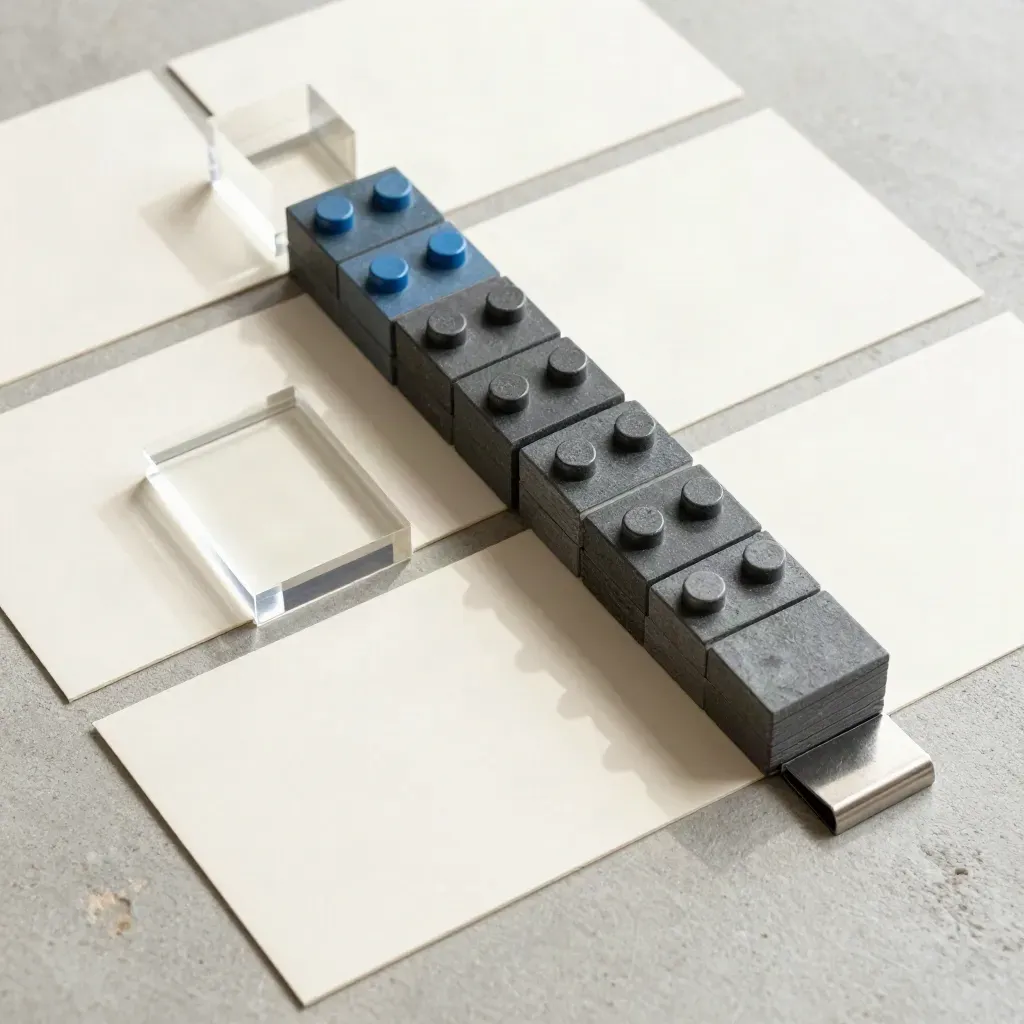 Bovenaanzicht van plan-kaartjes, acrylblokken en bouwblokjes op licht beton.