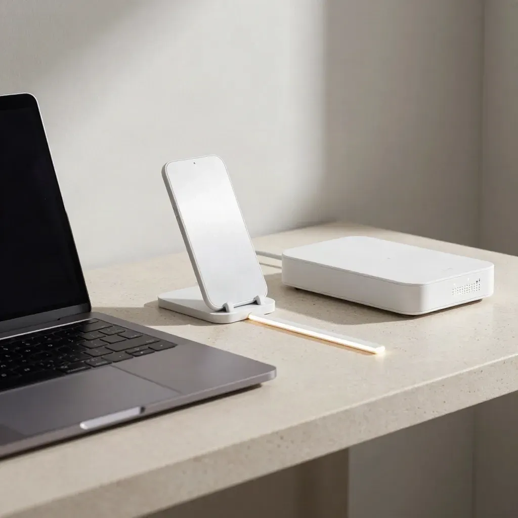 Teststation met gesloten laptop, telefoonstandaard en netwerkhub op lichte steen, koel en strak.