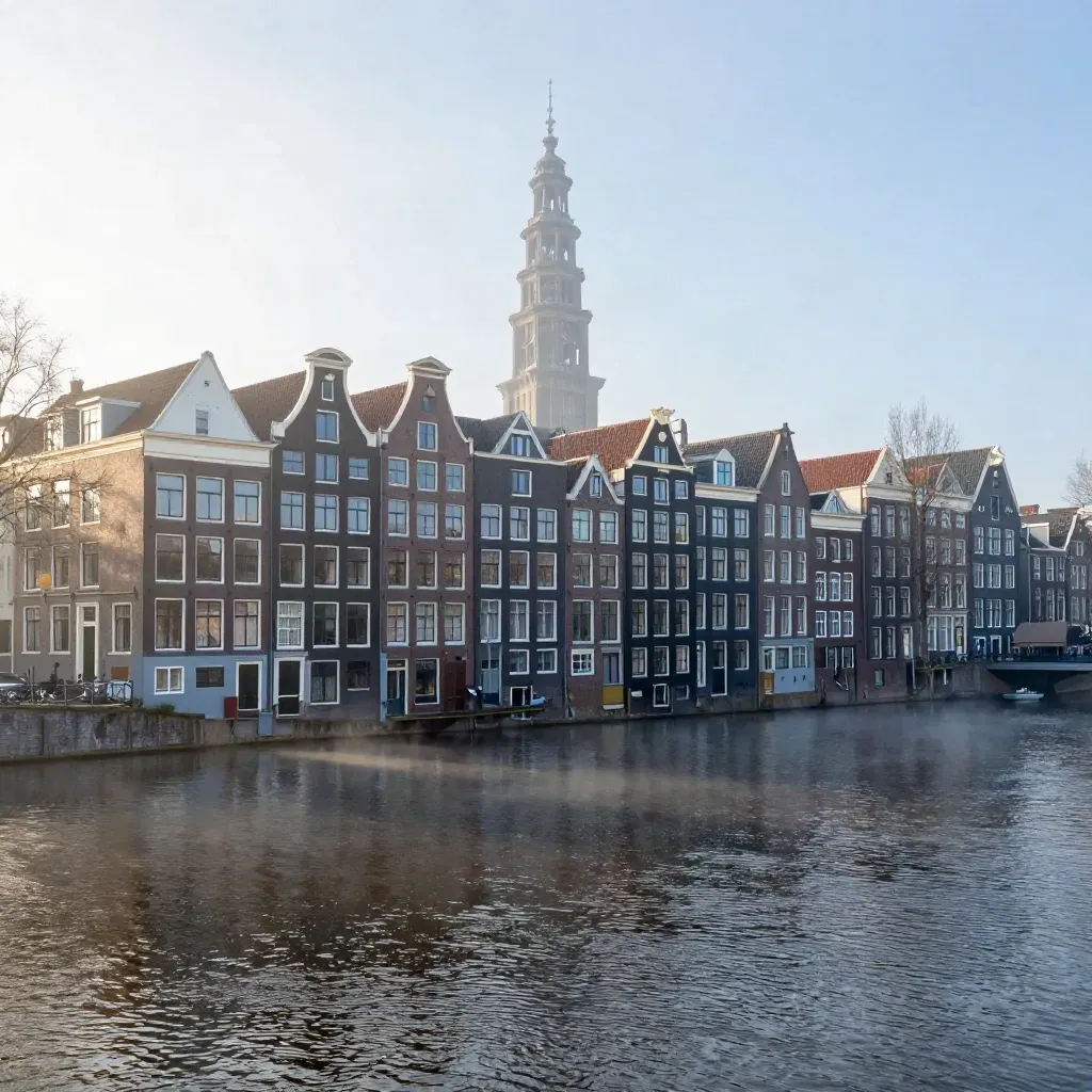 Amsterdamse grachtenpanden en de A'DAM-toren in mist boven rustig IJ-water