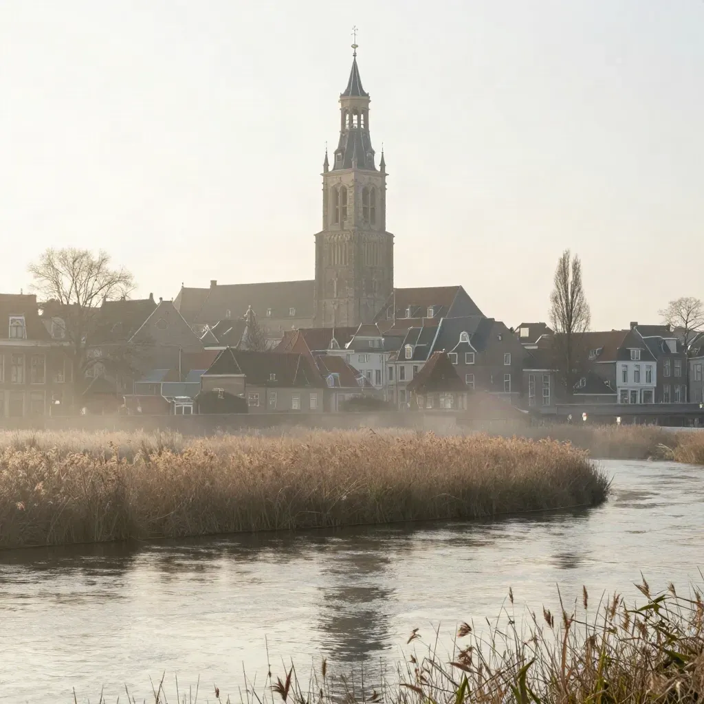 De Domtoren boven mistige rivieroevers en lage daken in de vroege ochtend.