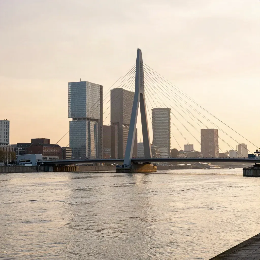 Rotterdamse skyline met de Erasmusbrug boven rustig rivierwater in gouden avondlicht.