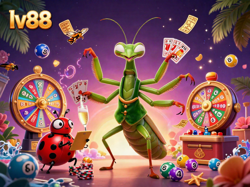 Engage with lv88 Online Casino's vibrant dynamic scene featuring a card sharp and a ladybug pit boss.