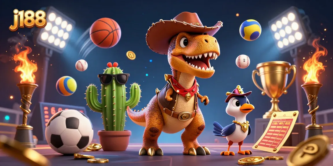 Enjoy thrilling sports betting with j188, featuring a dinosaur cowboy and dynamic game elements.