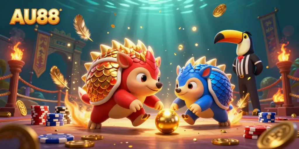 Engaging AU88 scene showcasing rival pangolins bowling through poker chips in a festive casino atmosphere.