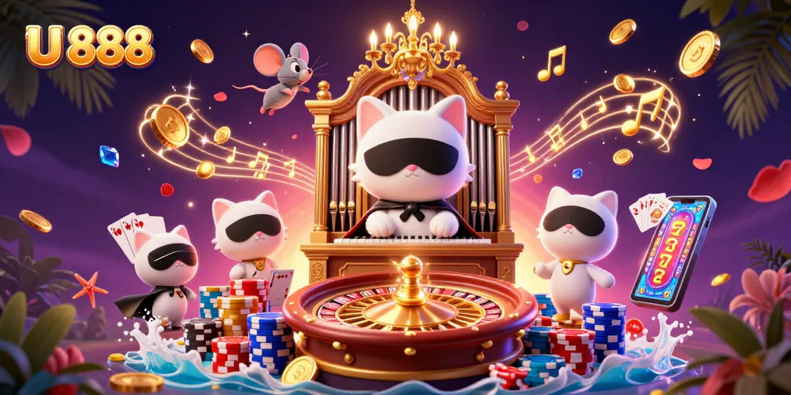 Engage in thrilling gambling adventures at U 888 with a vibrant casino scene featuring animated characters and game elements.