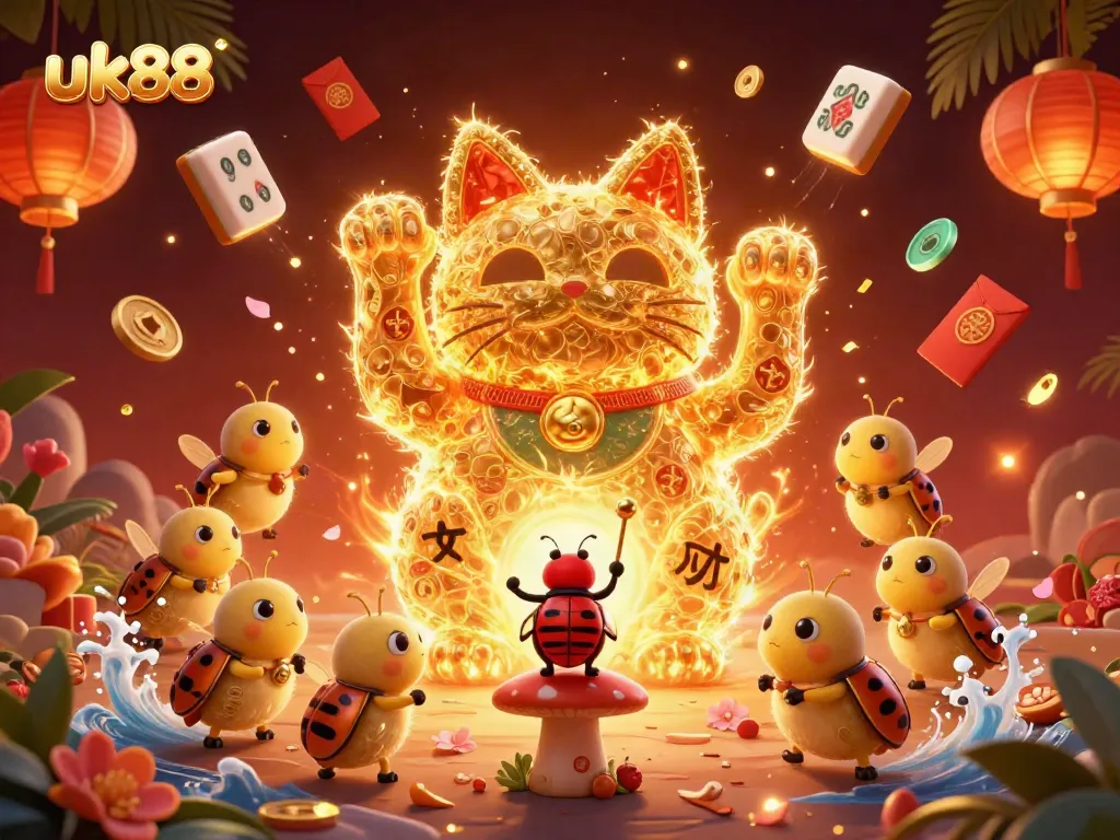 Engage with the vibrant world of uk88's online casino through this dynamic 3D illustration featuring a lucky cat and golden fireflies.