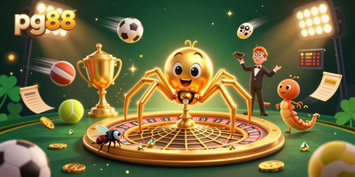 Engage with pg88's thrilling betting scenes featuring a golden spider croupier and sports action.