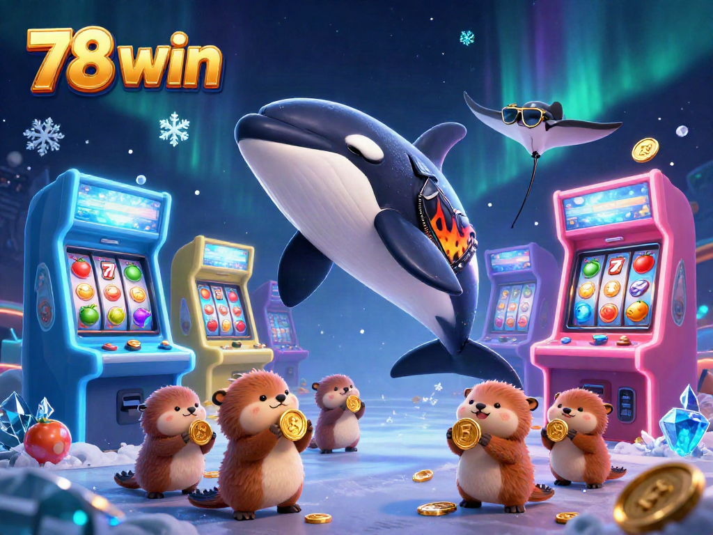 Engage with 78 win at a vibrant 3D casino scene featuring a playful orca and sea otters amidst gaming elements.