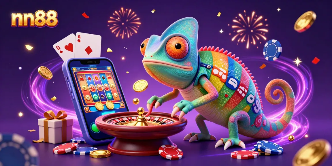 Experience thrilling wins with nn88's colorful gaming scene featuring an energetic chameleon casino owner.