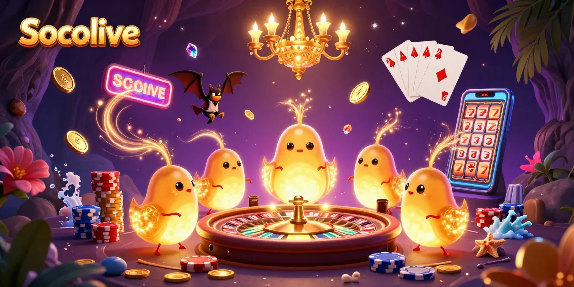 Socolive casino scene featuring glowworms illuminating a vibrant cave with cards and roulette elements.