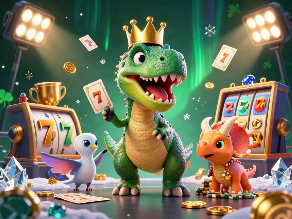 T19 showcases an exciting casino scene with cartoon characters playing games and enjoying golden chip stacks.