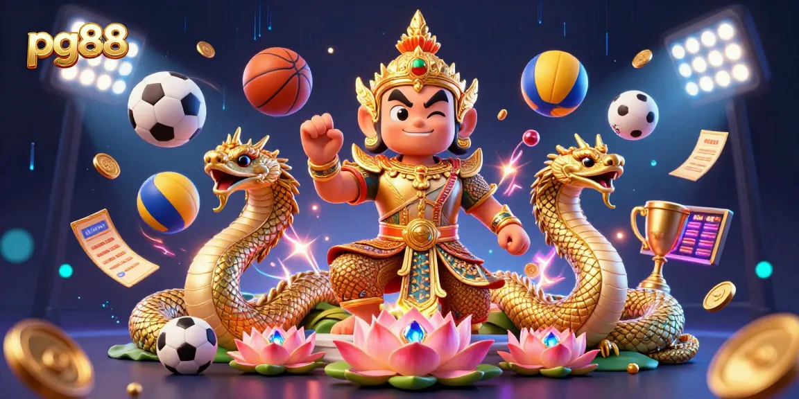 Experience pg88's vibrant gambling action with a friendly yaksha guardian and Naga companions amidst dynamic sports elements.