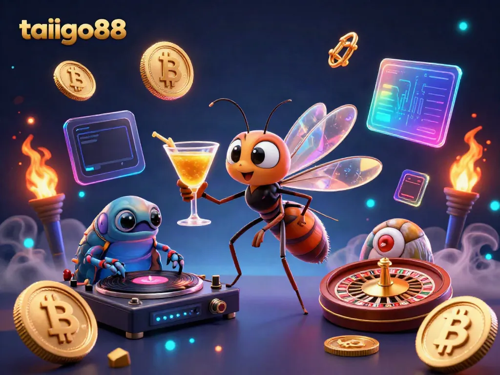 Experience the excitement at taigo88 with a vibrant digital illustration featuring unique casino characters and elements.