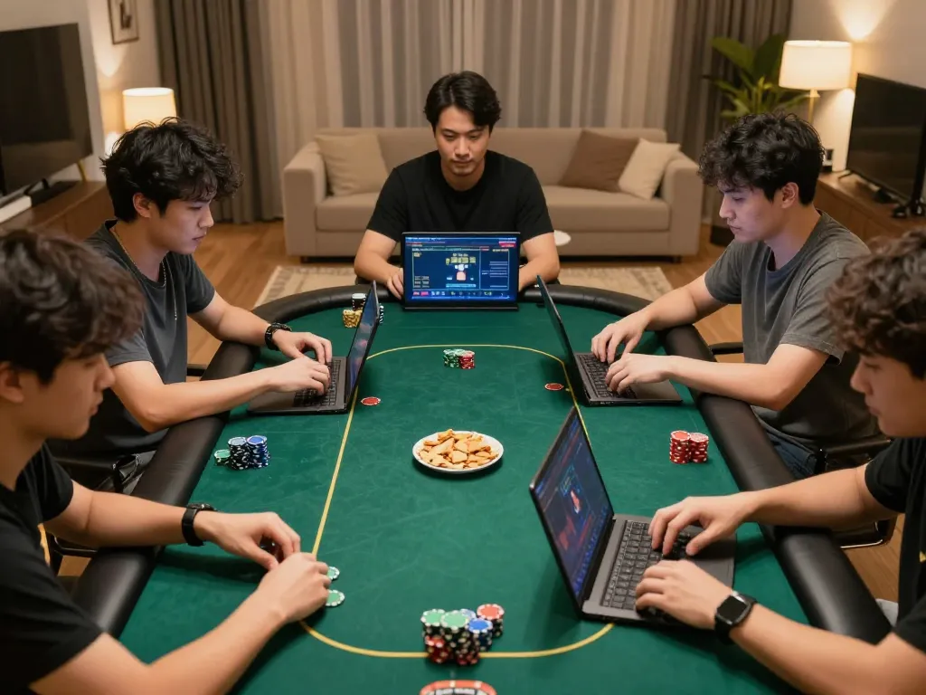 Engaged players strategizing in a lu88 online poker session, showcasing intense gameplay in a cozy home setting.