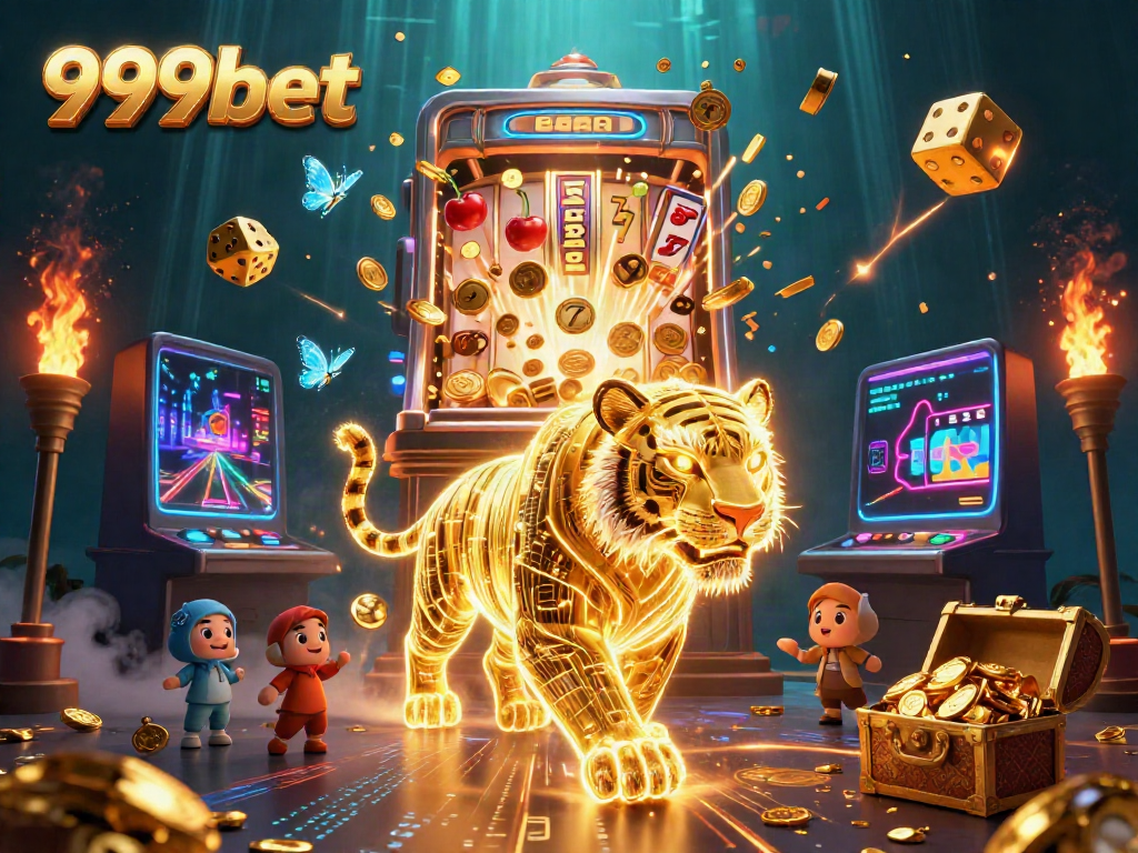 Experience thrilling gameplay at 999bet with a vibrant digital casino landscape full of golden jackpots and adventure.