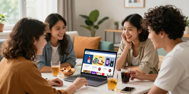Friends exploring rokok88 daftar on a laptop in a cozy setting, engaging in online shopping.