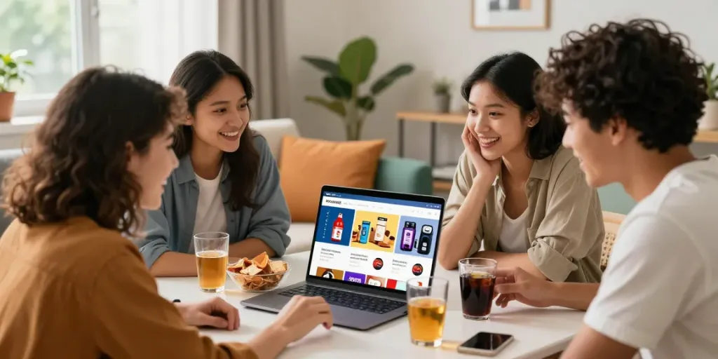 Friends exploring rokok88 daftar on a laptop in a cozy setting, engaging in online shopping.