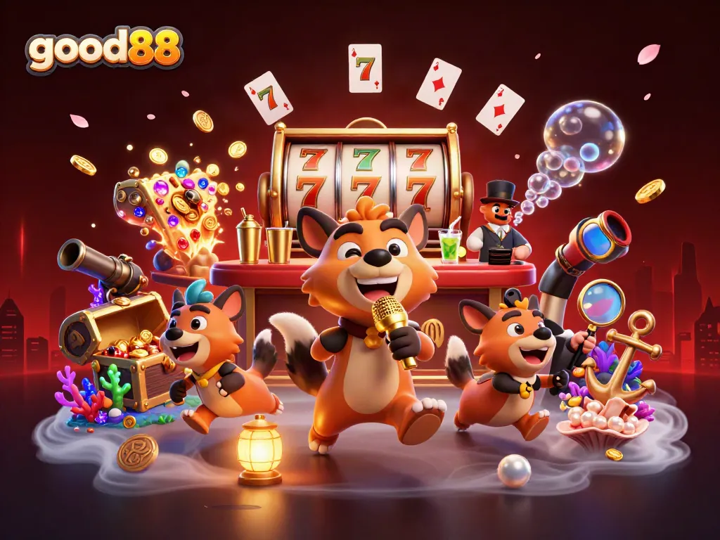 Immerse in the vibrant world of good88 as hyenas entertain in a lively casino scene filled with slots and treasures.