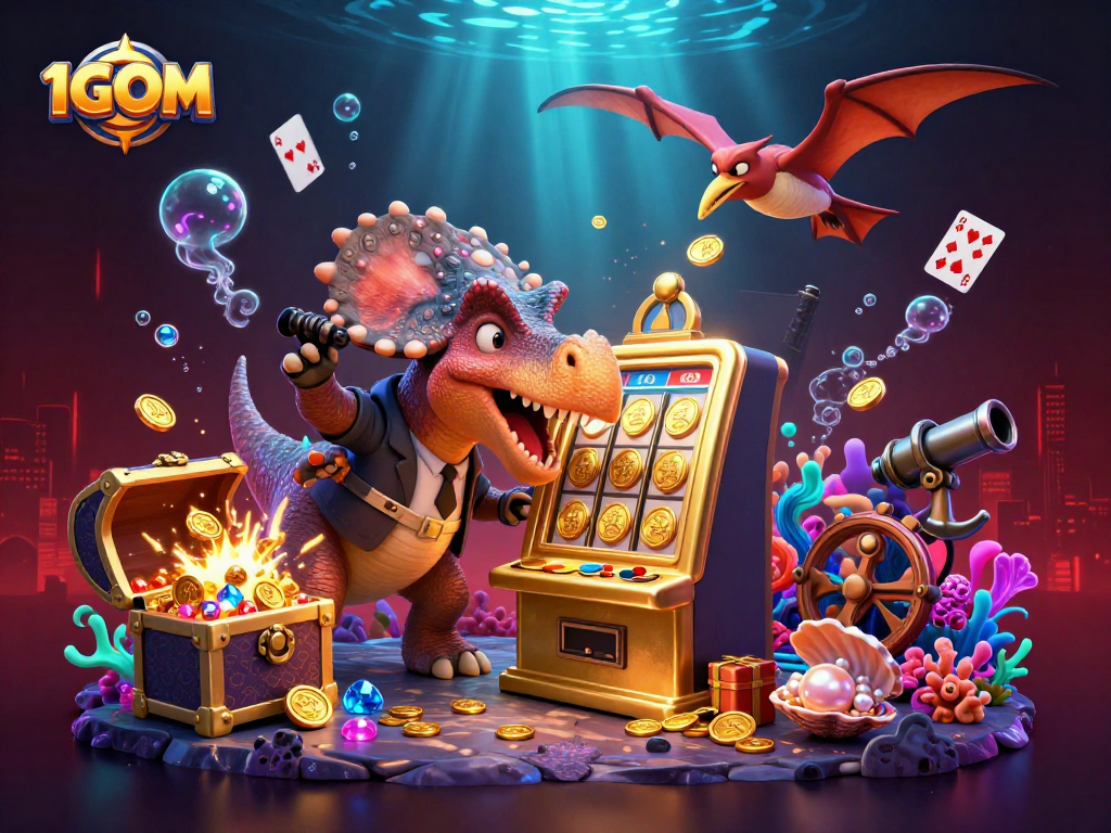 Watch 1GOM's dinosaur characters in action, headbutting a slot machine for jackpot coins amidst vibrant casino elements.