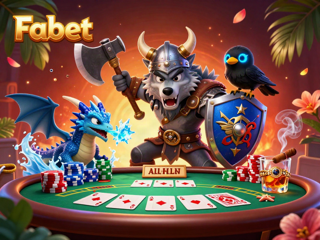 Fabet showcases a thrilling poker scene with a Viking wolf warrior, dragon, and raven amidst vibrant casino elements.