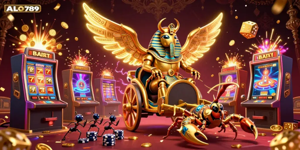 Experience the excitement of ALO789 com with a golden scarab beetle and vibrant casino elements.