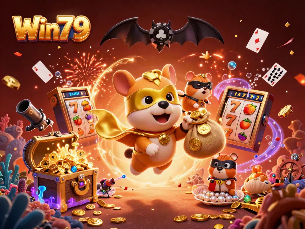 Win79 offers thrilling gaming adventures with a superhero dog and hamster amidst slot reels and festive elements.