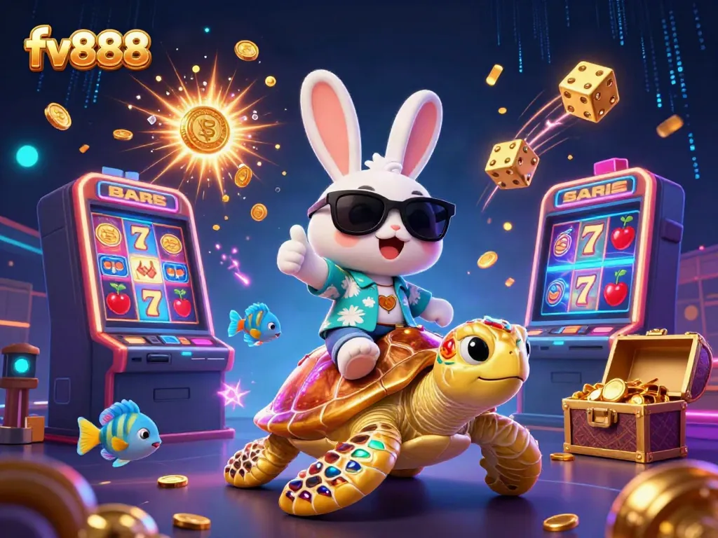 Experience the excitement of fv888 with a vibrant scene featuring a lucky rabbit and golden turtle amidst dynamic casino elements.