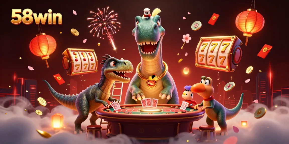 Engage with 58win and witness a thrilling 3D casino scene featuring vibrant gameplay elements and a whimsical dinosaur deal the cards.