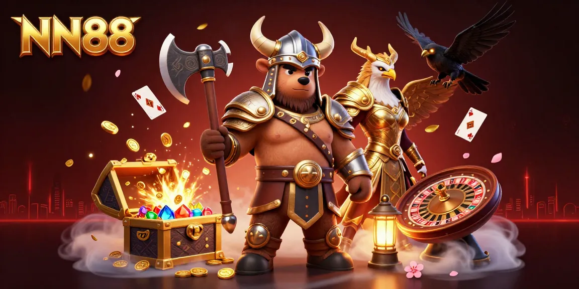 Experience thrilling gaming at NN88 with 3D animated Viking and Valkyrie, showcasing live casino excitement.