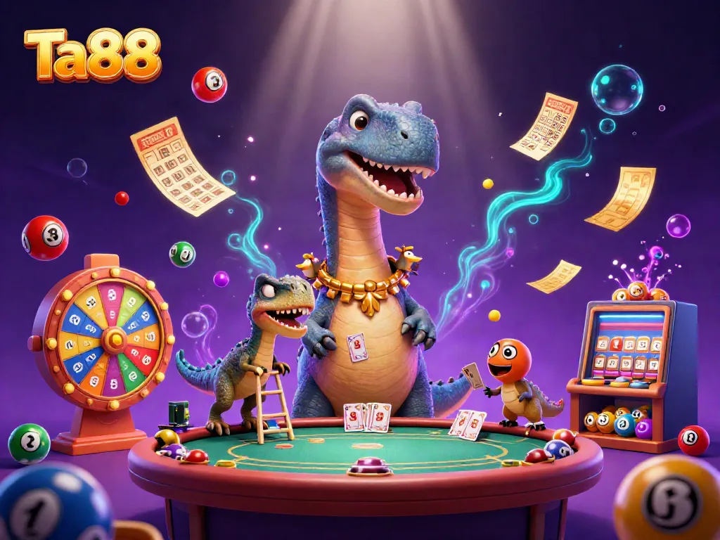 Join Ta88 in a vibrant casino scene with a dinosaur, raptor dealer, and lively gambling elements.
