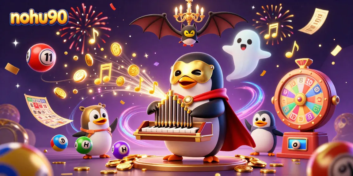 Experience the excitement of nohu90 with a vibrant scene of a penguin playing a golden organ amidst a whirlwind of colorful lottery elements.