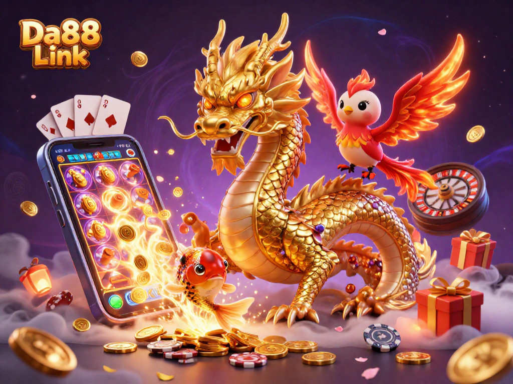 Experience Da88 Link with a vibrant 3D illustration featuring a golden dragon, phoenix, and koi fish among dynamic gaming elements.