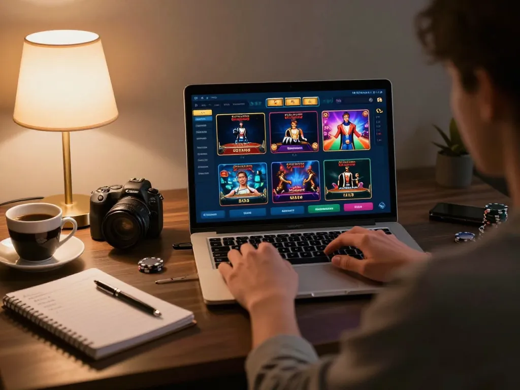 Engaging gaming moment at red88, showcasing a player managing bets on an online casino setup with warm lighting.