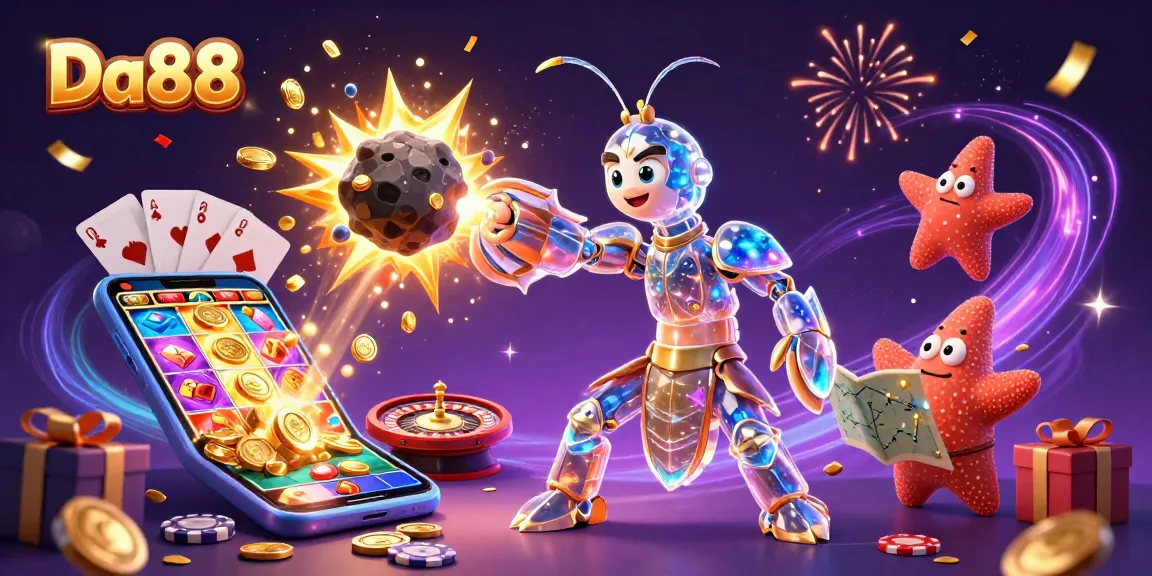 Experience the thrill of Da88 with galactic samurai and treasure-filled slots in a vibrant digital illustration.