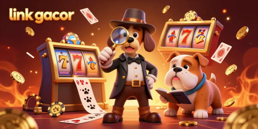 Engage with the vibrant link gacor scene showcasing a detective examining poker chips alongside slot symbols in an exciting casino atmosphere.