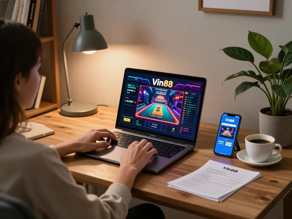 Engaged gamer using Vin88 online on a laptop, surrounded by strategy notes and a warm atmosphere.